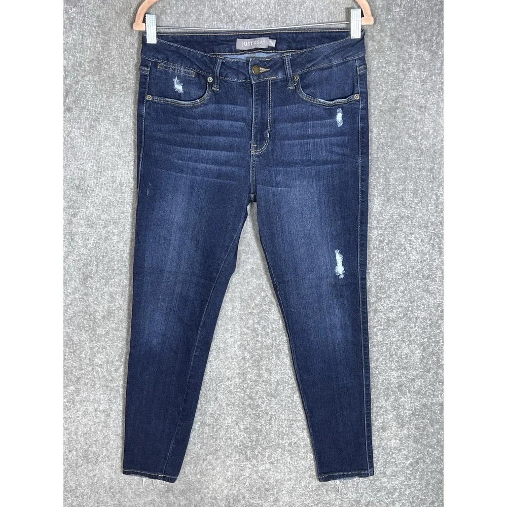 Just USA Mid Rise Skinny Jeans Womens Sz 30/10 Blue Dark Wash Distressed Stretch
